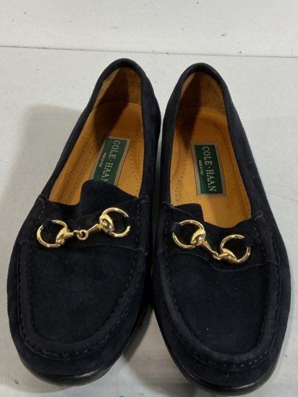 Men’s Cole Haan Navy Suede Loafers with Gold Horsebit Size 9.5M